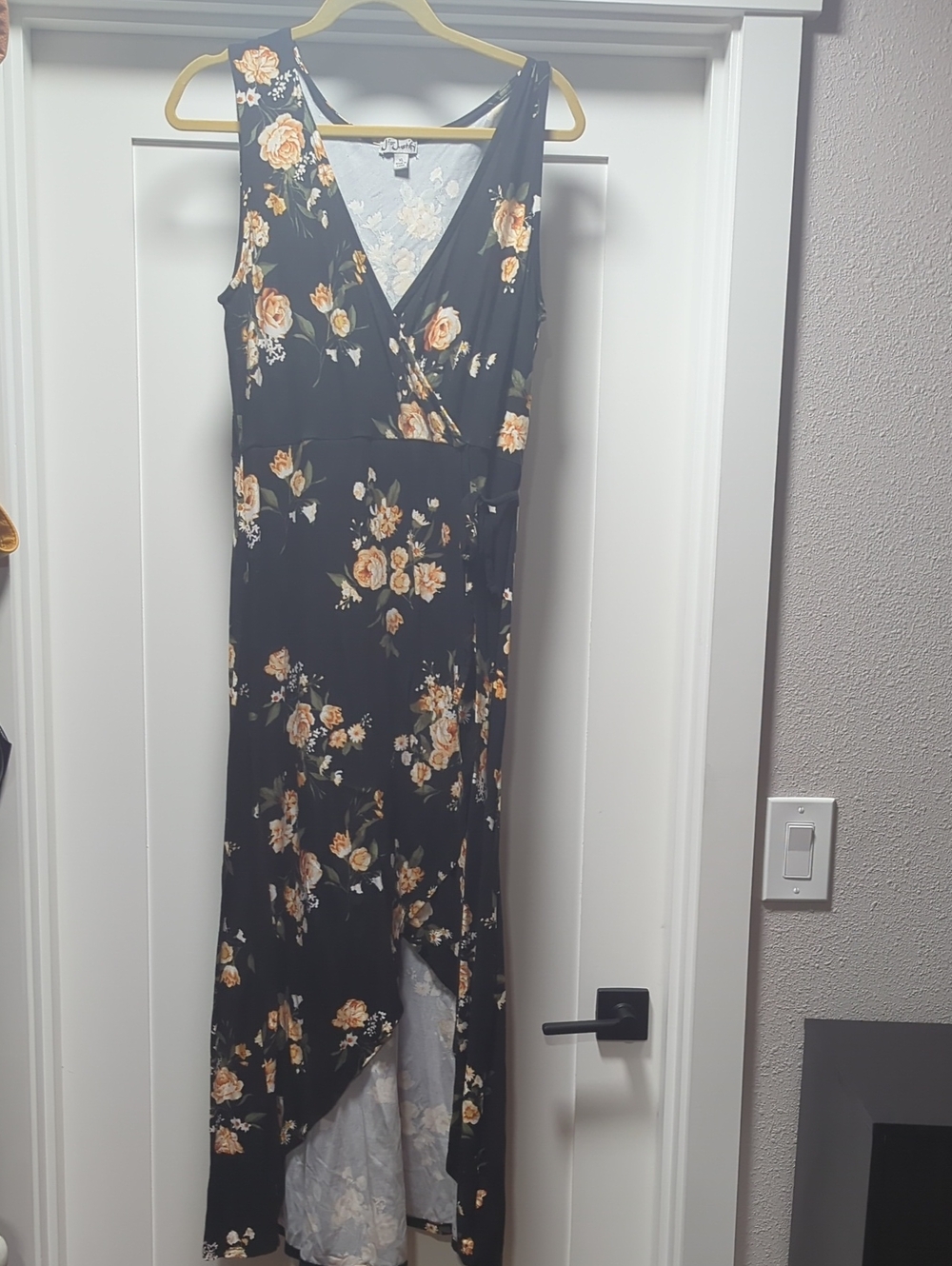 J for Justify Black High-Low Wrap Dress with Peach Floral Print